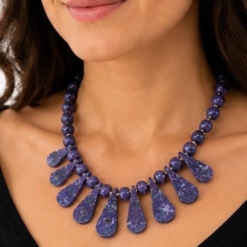 Vintage Purple Impression Jasper Necklace Natural Stone Teardrop Barrel Clasp